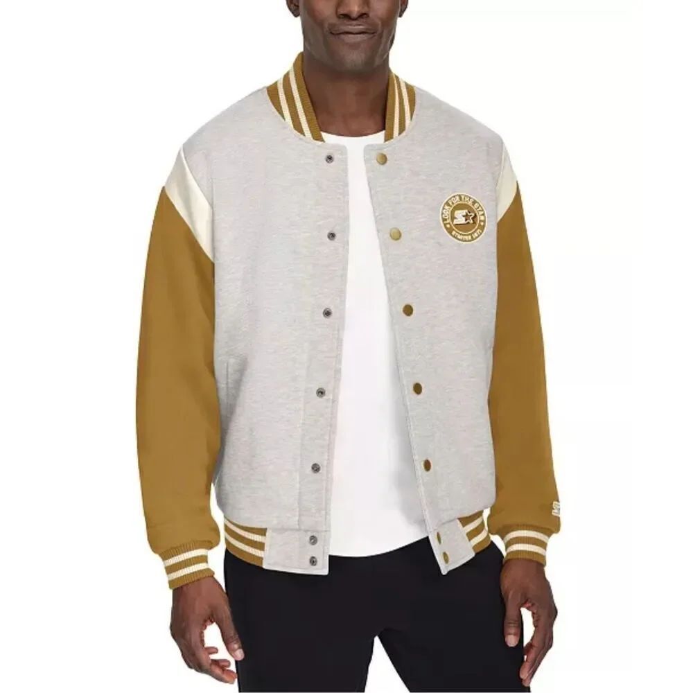 Starter NWT Heavyweight Fleece Varsity Jacket Light Beige Large